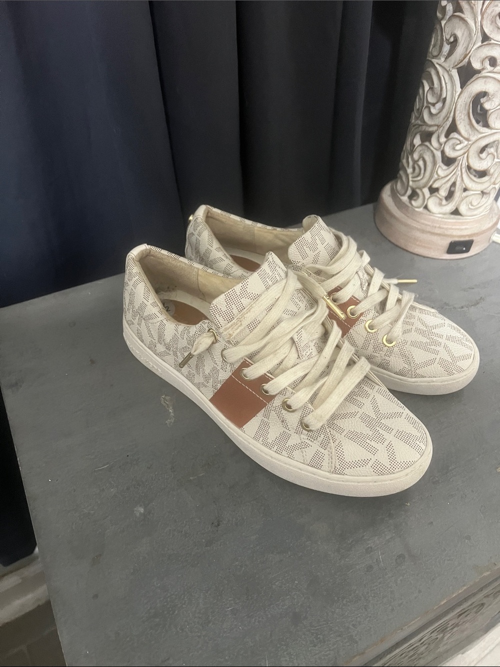 Michael Kors Cream Logo-Print Sneakers with Tan Leather Accent